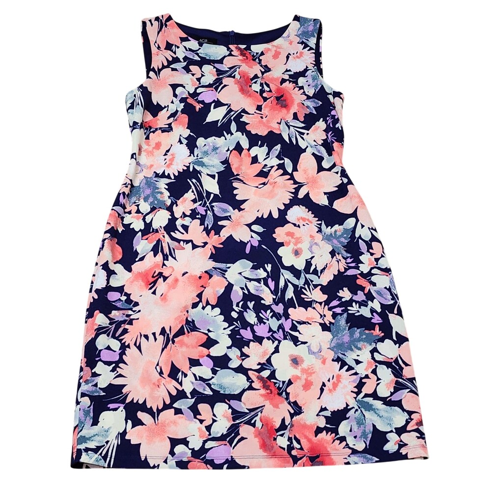 AGB Dress Womens 4 Blue Floral Sheath Sleeveless Stretch Scoop Neck Knee Length